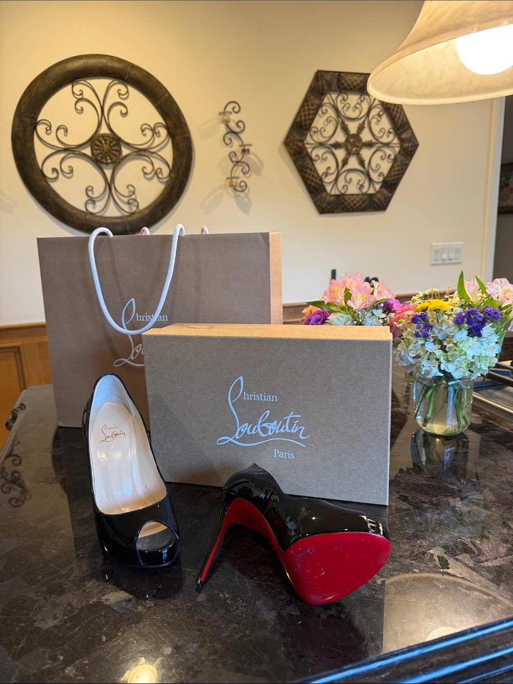 Christian Louboutin Black Patent Peep-Toe Pumps with Signature Red Sole